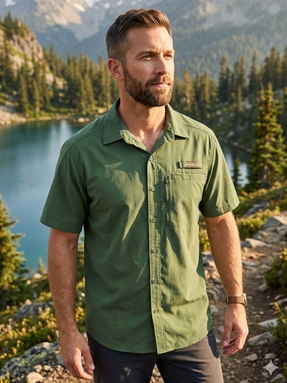 Eddie Bauer Olive Short-Sleeve Button-Down Casual Shirt